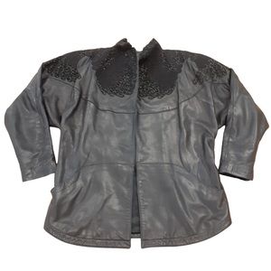 JEAN CLAUDE JITROIS BLACK LEATHER OPEN FRONT SIGNED/EMBROIDERED SHOULDERS JACKET